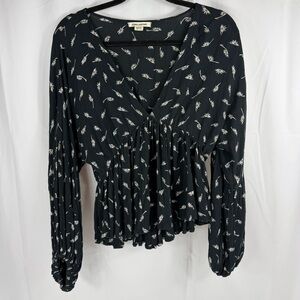 Billabong Women's Long Sleeve Top Blouse Size M Black Boho Wispering Thoughts